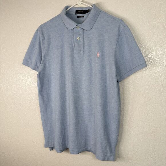 Polo Ralph Lauren Heather Light Blue Polo Men LARGE Custom Slim Fit Pink Pony - Picture 2 of 10